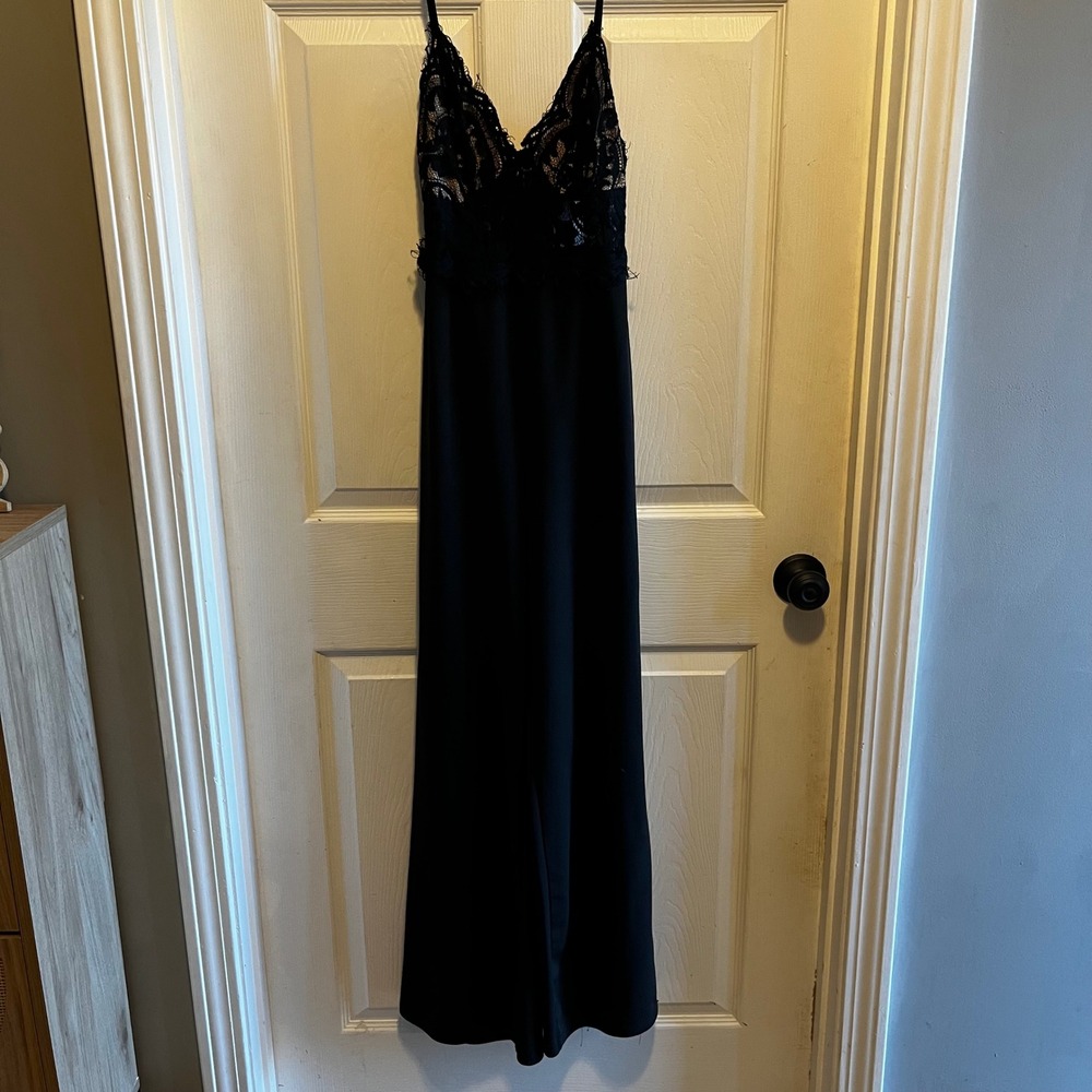 Fashion Nova Black Lace Trim Maxi Jumpsuit Wide Leg Elegant Evening Size XS